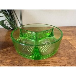 Vintage Uranium Glass Divided Dish – Glowing Green Depression Glass Serving Bowl
